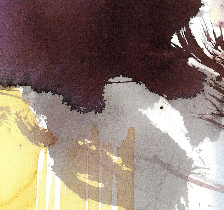 Yuge Kurt, fragment of watercolor painting in art gallery. Fashion. Earthy muted tones.