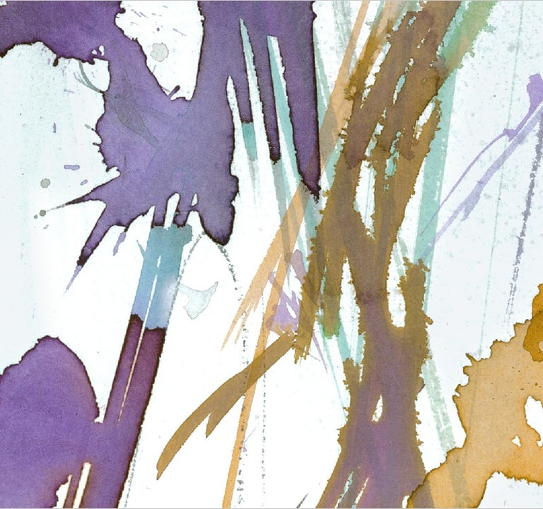 Yuge Kurt, fragment of watercolor painting in art gallery. Canvas for interior. Colorful design