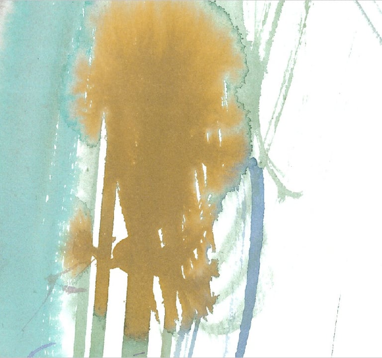 Yuge Kurt, fragment of watercolor painting in art gallery. Canvas for interior. Colorful design