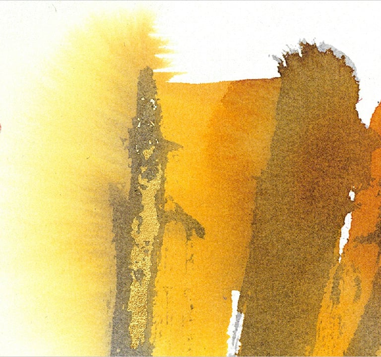 Yuge Kurt, fragment of watercolor painting in art gallery. Fashion. Earthy muted tones