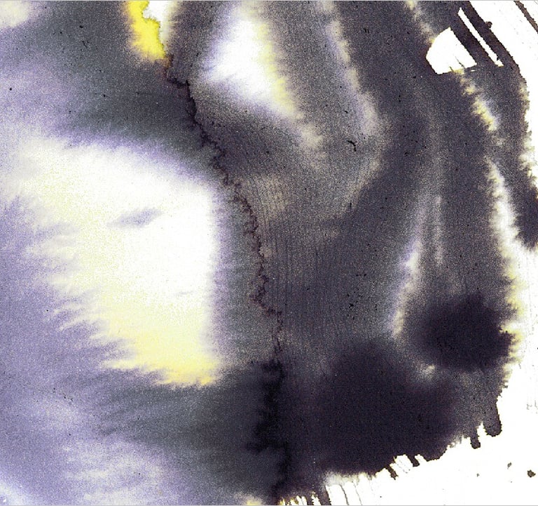 Yuge Kurt, fragment of watercolor painting in art gallery. Portrait. Light airy blue tones