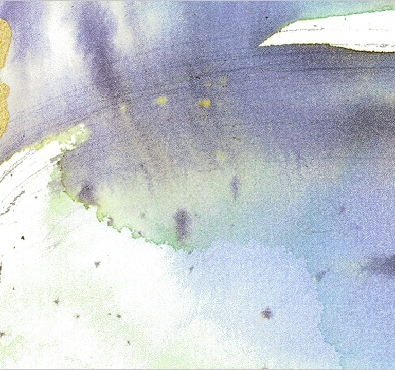 Yuge Kurt, fragment of watercolor painting in art gallery. Portrait. Light airy blue tones