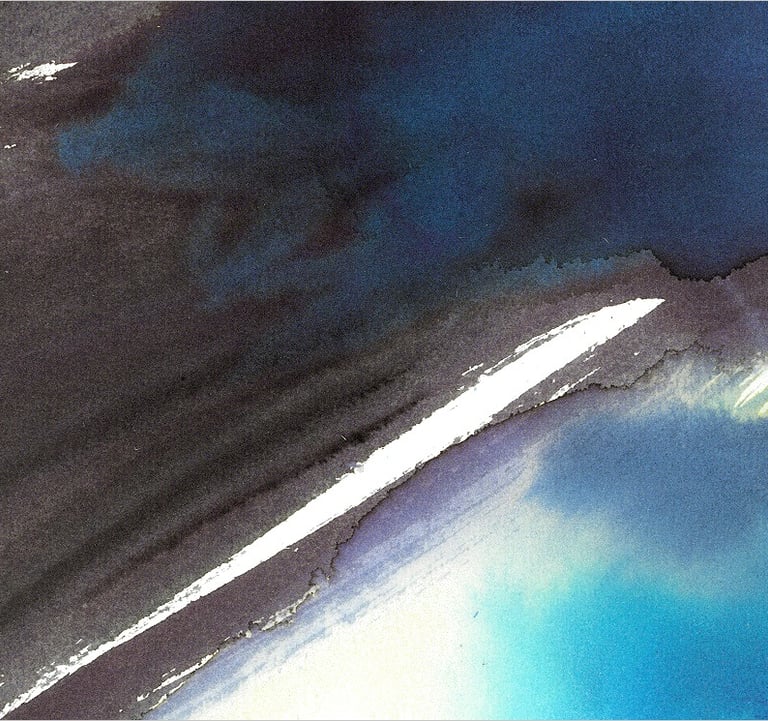 Yuge Kurt, fragment of watercolor painting in art gallery. Portrait. Blue tones