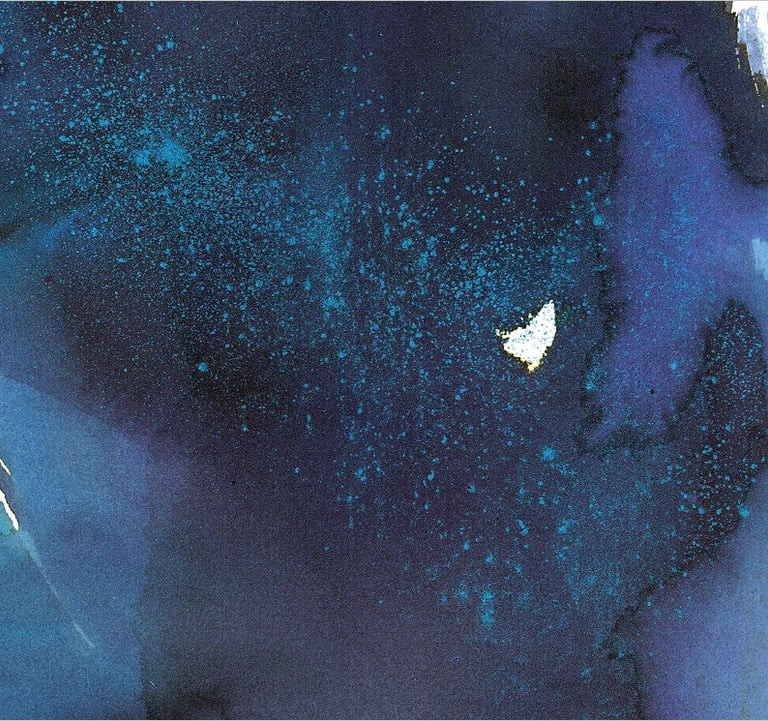 Yuge Kurt, fragment of watercolor painting in art gallery. Portrait. Blue tones
