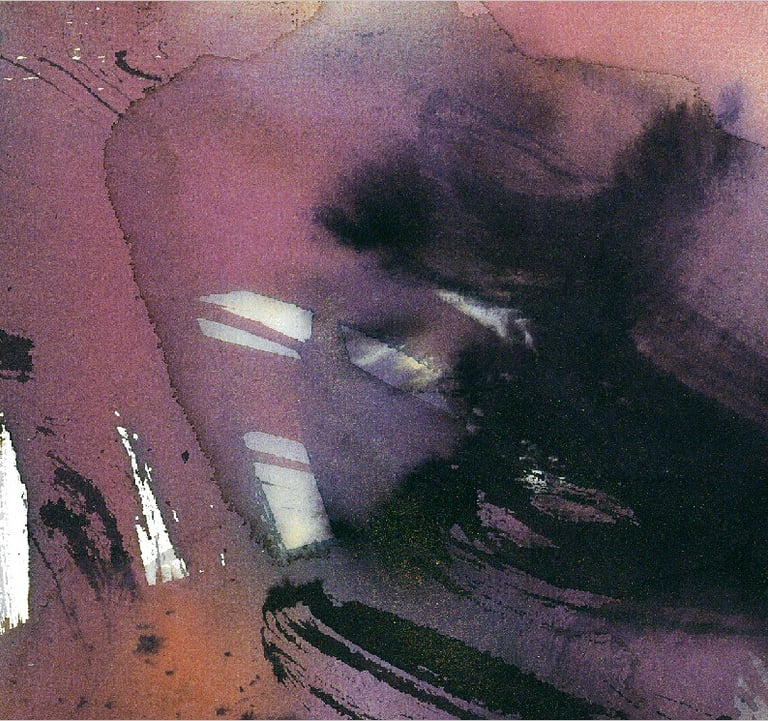Yuge Kurt, fragment of watercolor painting in art gallery. Portrait. Earthy muted tones.