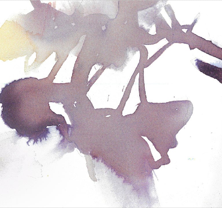 Yuge Kurt, fragment of watercolor painting in art gallery. Fashion. Earthy muted tones