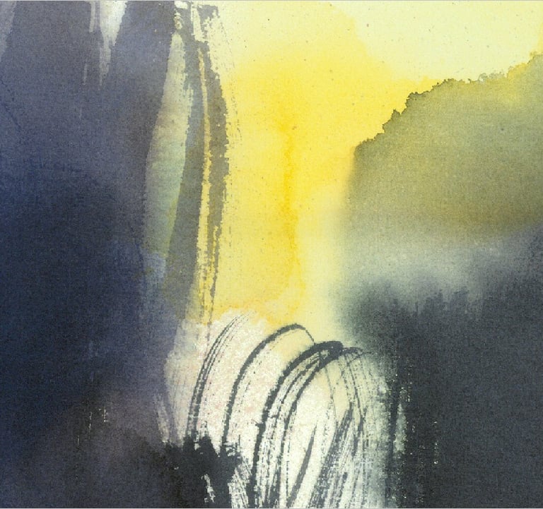 Yuge Kurt, fragment of watercolor painting in art gallery. Portrait. Blue, yellow tones