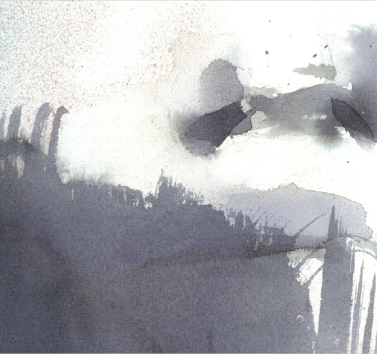Yuge Kurt, fragment of watercolor painting in art gallery. Portrait. Blue, yellow tones