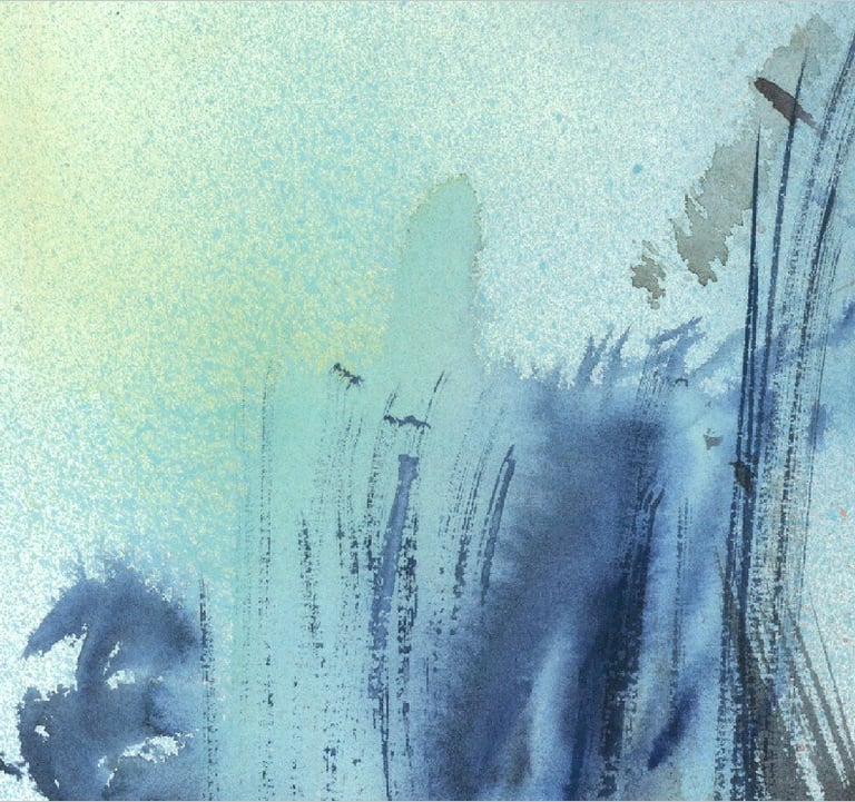 Yuge Kurt, fragment of watercolor painting in art gallery. Portrait. Blue, yellow tones