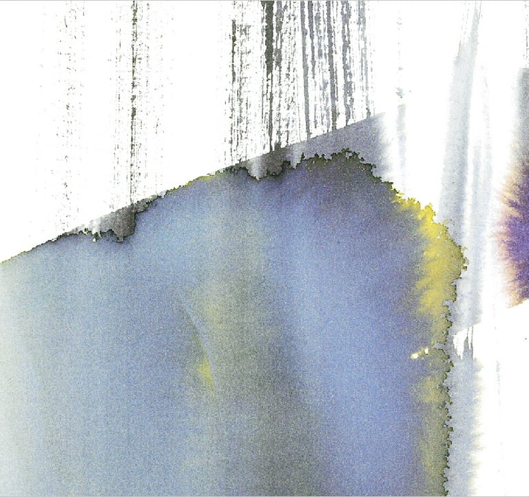 Yuge Kurt, fragment of watercolor painting in art gallery. Abstract flowers. Calligraphy