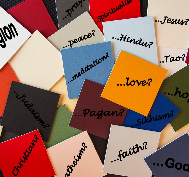 Sticky notes with names of different religions and philosophies