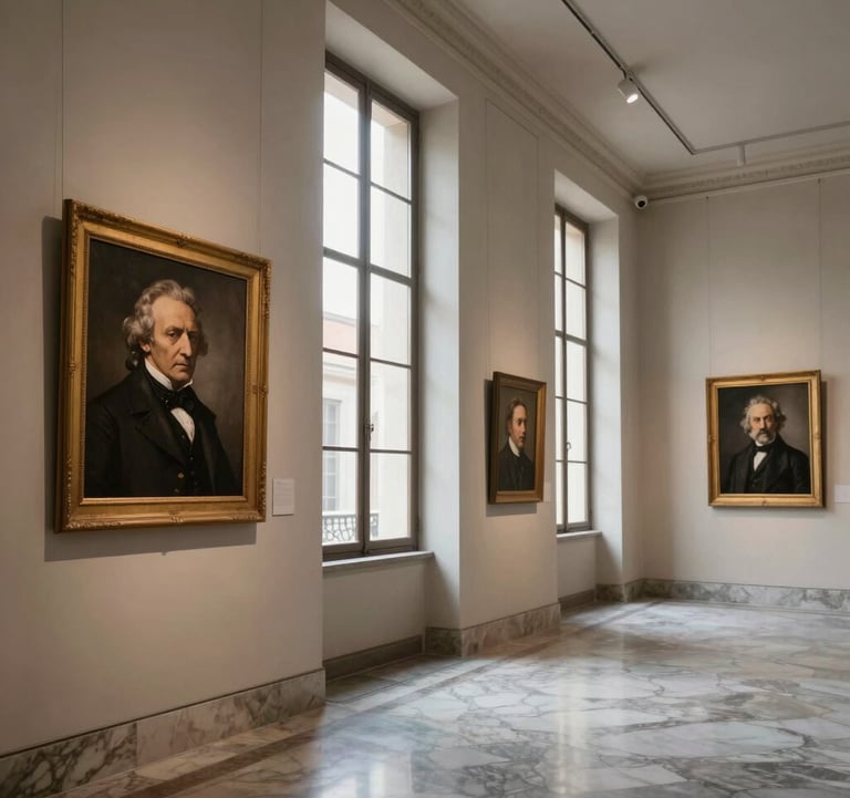 An interior wide shot of a refined museum gallery in a Southern European / Italian style, featuring tall windows with soft natural light, marble flooring, and framed black-and-white portraits of 19th-century authors on off-white walls.