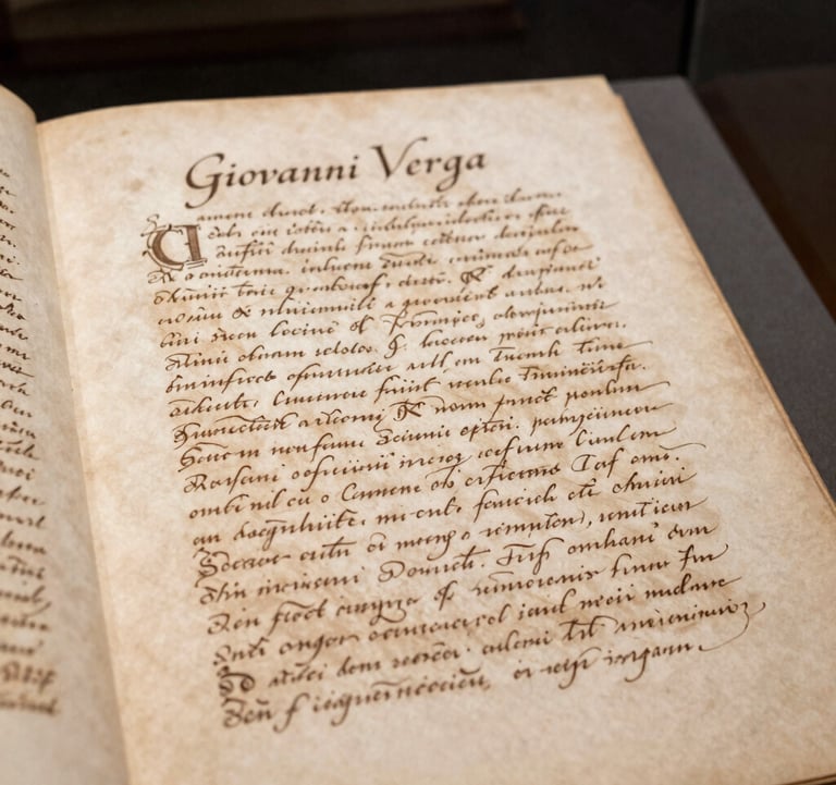 A close-up photograph of an original handwritten manuscript by Giovanni Verga, with delicate ink script on aged off-white paper. The document is displayed under museum lighting in a gallery in Southern Europe, highlighting historical significance.