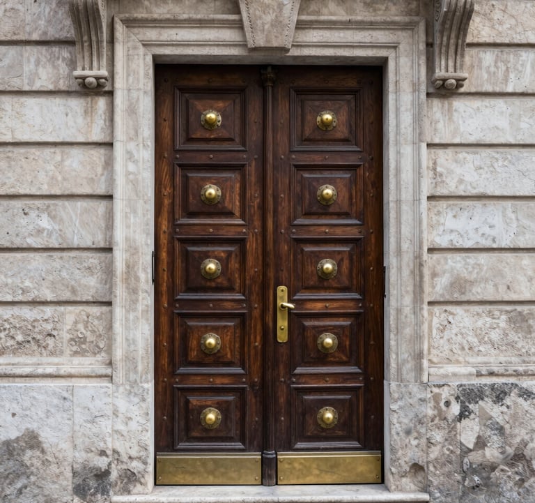 Architectural detail photography of a carved dark wooden door with brass fittings, set into a light grey stone wall of a historic Southern European building.