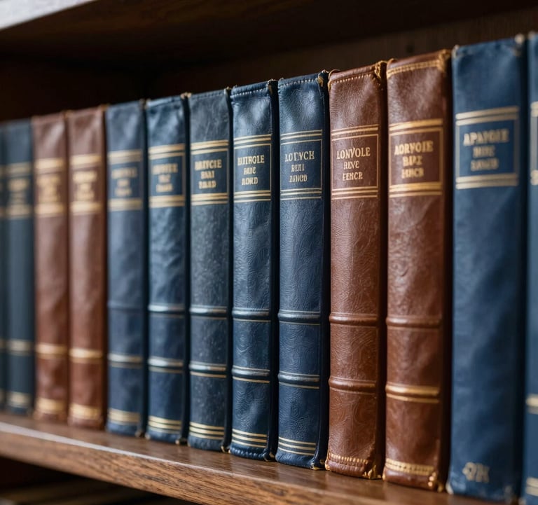 Close-up photography of a dark wooden shelf filled with vintage leather-bound books in shades of deep blue and brown, reflecting a sophisticated literary atmosphere.
