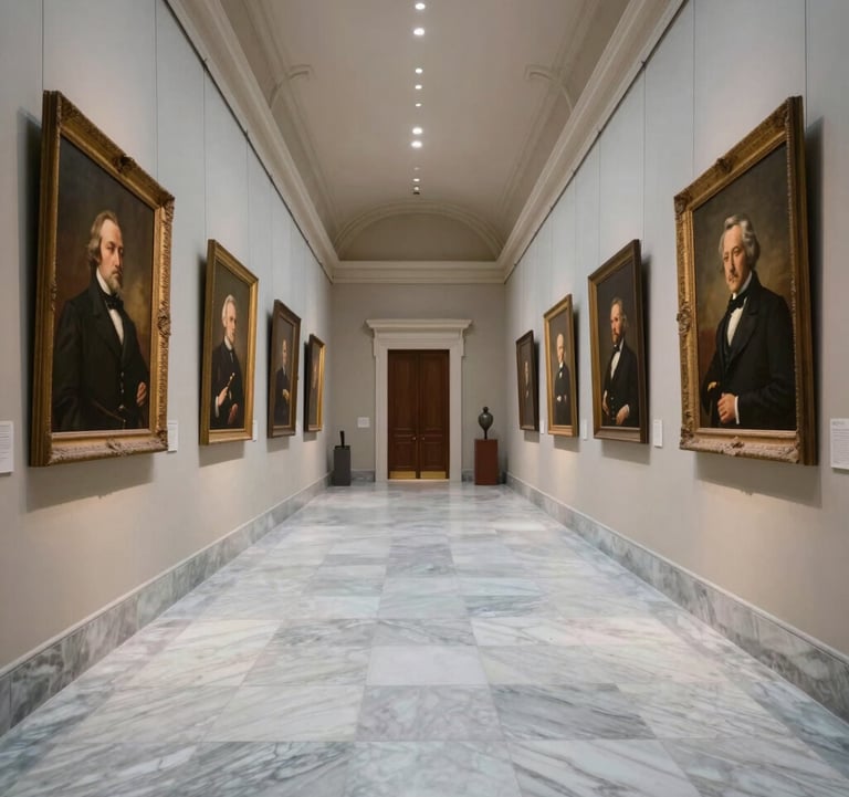 A serene, symmetrical photography shot of a long hallway inside a historic museum with white marble floors and framed portraits of 19th-century figures on the walls.
