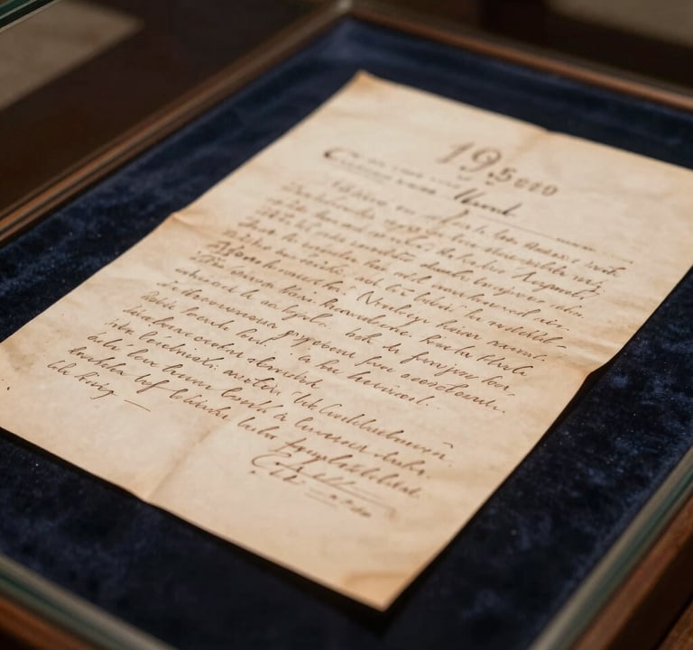A detailed close-up photograph of a hand-written 19th-century letter on aged parchment paper. The ink is slightly faded, and the paper rests on a dark navy velvet display within a glass museum case. Soft, warm lighting.