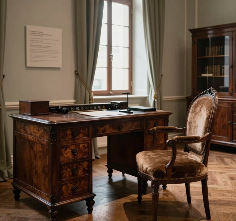 A detailed interior photograph of a museum room featuring 19th-century period furniture, including a dark wood desk and a muted brown velvet chair. The room is filled with soft, natural Southern European light, emphasizing a timeless and educational atmosphere.