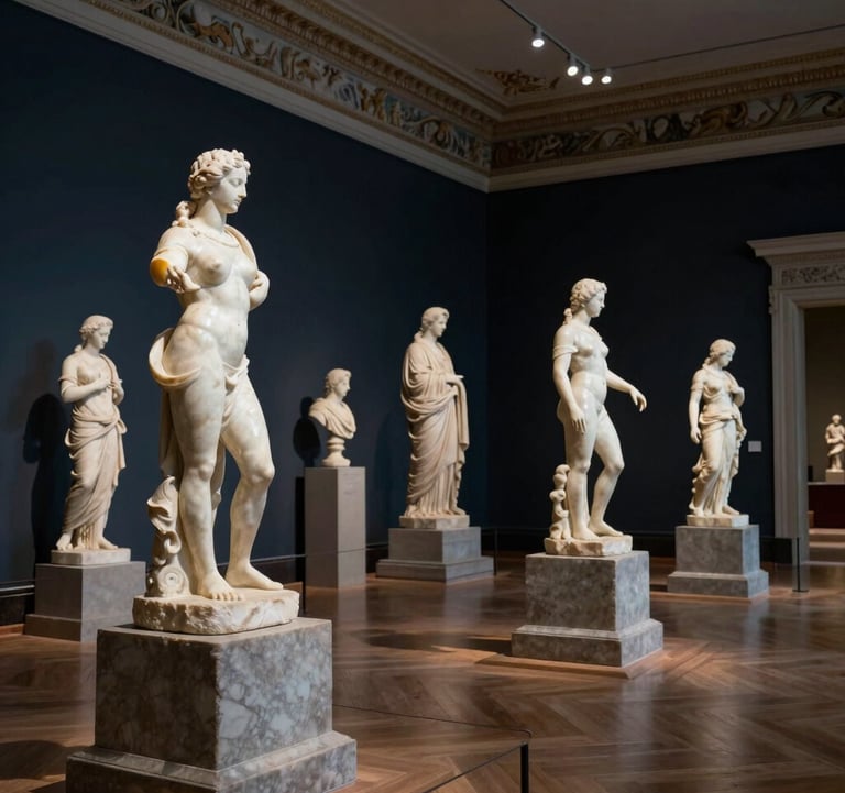A wide interior shot of a sophisticated museum gallery. Dark navy walls contrast with pearl white marble sculptures from the 19th century. The lighting is focused and dramatic, highlighting the textures of the stone and the refined Italian architecture.