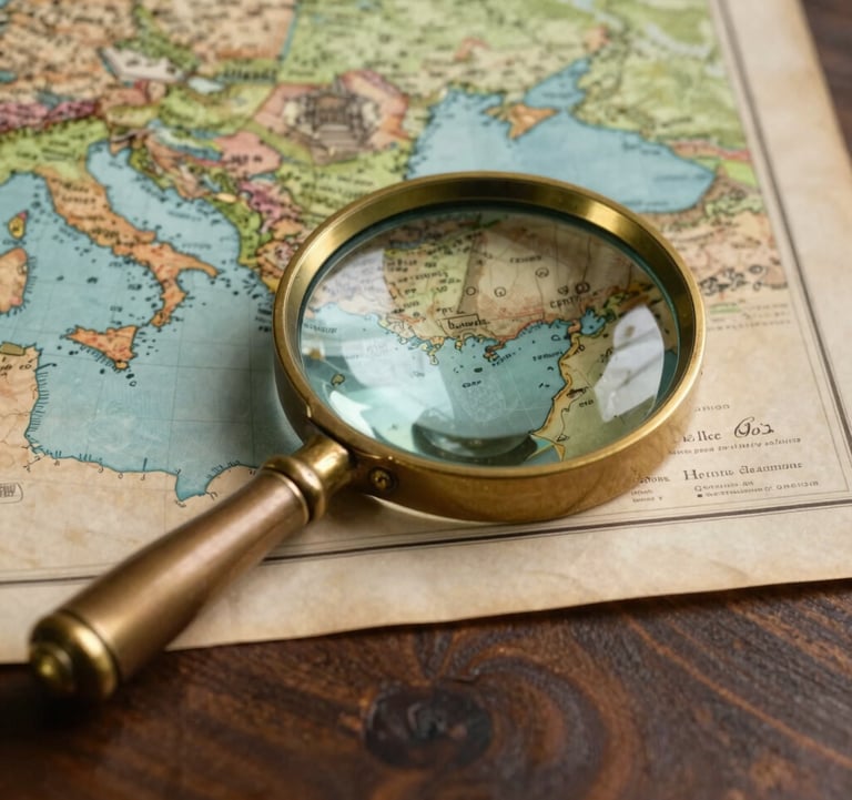 A close-up photograph of a vintage brass magnifying glass and an old map of Southern Europe resting on a dark wood desk. The lighting is warm and evocative, emphasizing the textures of the metal and the aged paper.