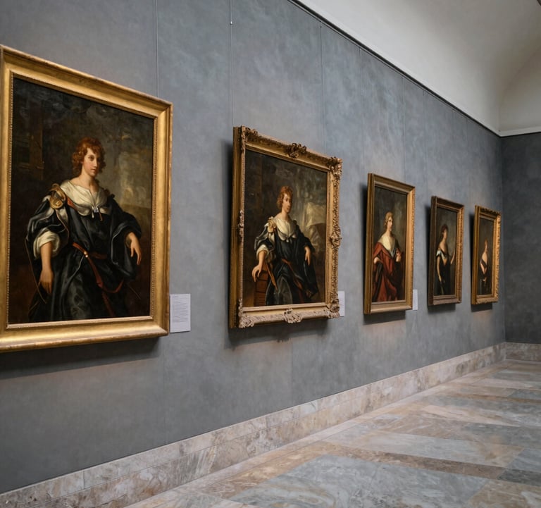 A vertical shot of a refined museum corridor with slate grey walls and polished stone floors. Classic oil paintings in muted gold frames are displayed elegantly, capturing the sophisticated and authoritative mood of the Verghiano Museum in Southern Europe.