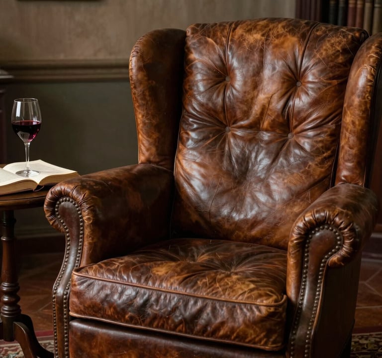 A portrait-style shot of an old leather armchair and a small side table holding a glass of wine and an open book, set in a dimly lit, authentic Italian study.