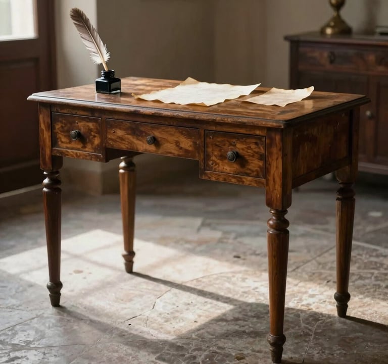 A medium shot of an antique writing desk in a sunlit Italian room, featuring an old inkwell, a quill, and aged parchment, with soft focus on the stone floor.