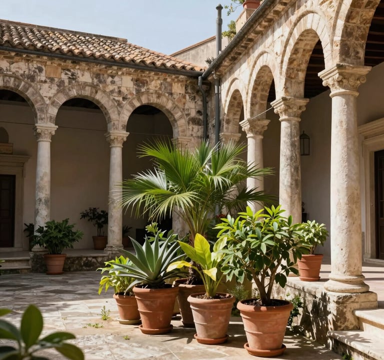 Outdoor photography of a classic Sicilian courtyard with terracotta pots, vibrant green plants, and ancient stone pillars under a clear sky.