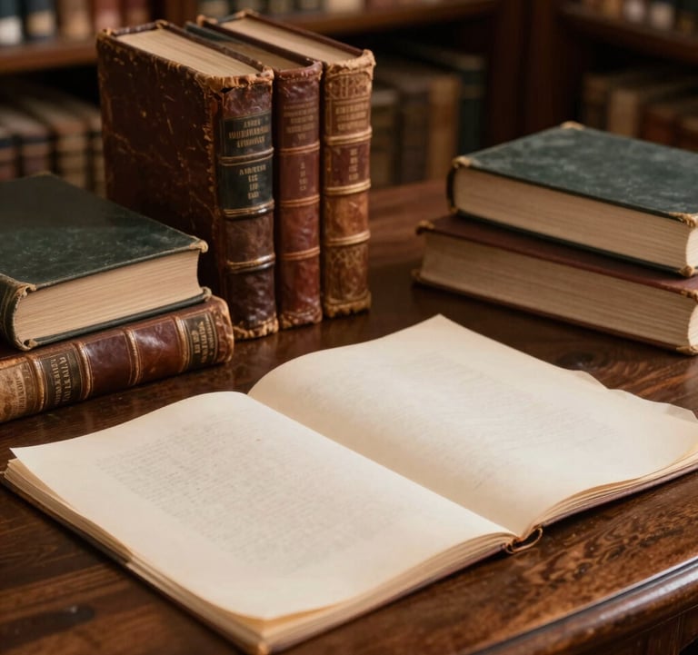 A close-up photograph of scholarly archives, including weathered leather-bound books and ivory-colored parchment paper on a dark wood table, captured in a Southern European / Italian library setting with warm, focused lighting.