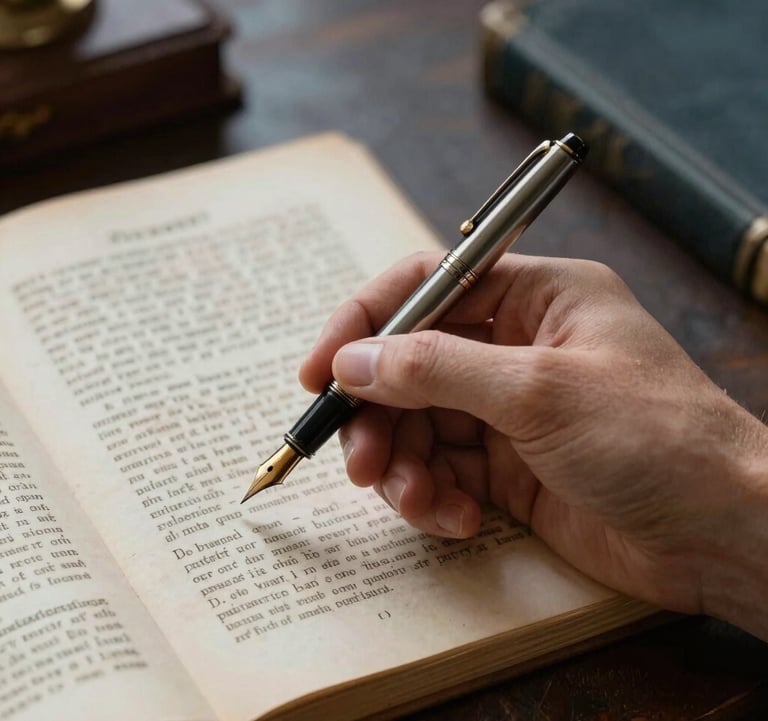 A detail shot of a hand holding an elegant, vintage fountain pen over an old manuscript in an Italian study. The scene is quiet and scholarly, with muted brown and slate blue tones in the background.