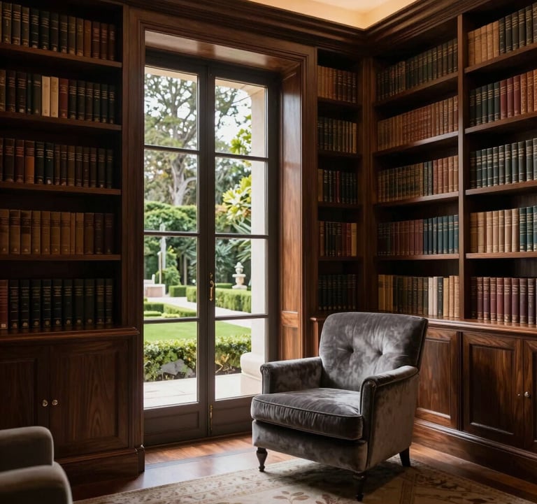 An interior shot of a private luxury library in Lisbon, featuring floor-to-ceiling dark wood shelving, a velvet armchair in slate grey, and a glimpse of a manicured Mediterranean garden through a tall window. The lighting is warm and inviting, embodying authoritative quiet luxury.