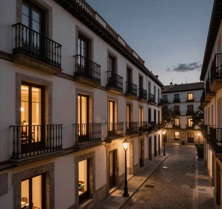 A sophisticated view of a wrought-iron balcony overlooking a quiet, upscale street in Madrid at dusk. Warm interior light spills out, contrasted with a deep navy and slate grey sky. The atmosphere is professional, exclusive, and serene.