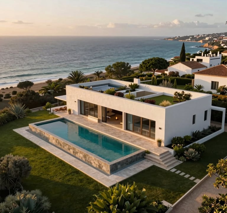An aerial view of a luxury villa in Cascais, Portugal, overlooking the Atlantic ocean. Contemporary clean-line architecture, stone infinity pool, and lush manicured gardens. Sunset lighting. European High-Net-Worth setting.