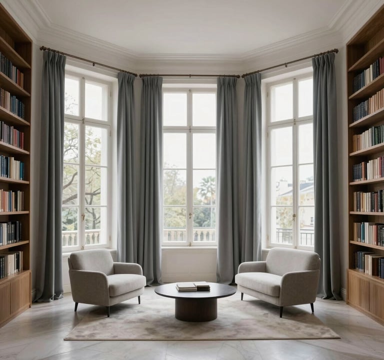 A photography shot of an elegant private library in a Lisbon estate, featuring tall windows with slate grey drapes and minimalist furniture. Generous white space and professional lighting. European High-Net-Worth ambiance.