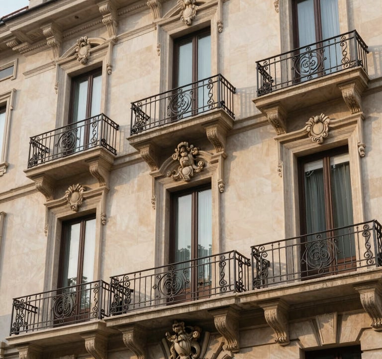 Architectural detail of a historic luxury apartment building in Milan. Elegant wrought iron balconies, cream-colored stone facade, and large ornate windows. Soft morning sunlight. European High-Net-Worth setting.