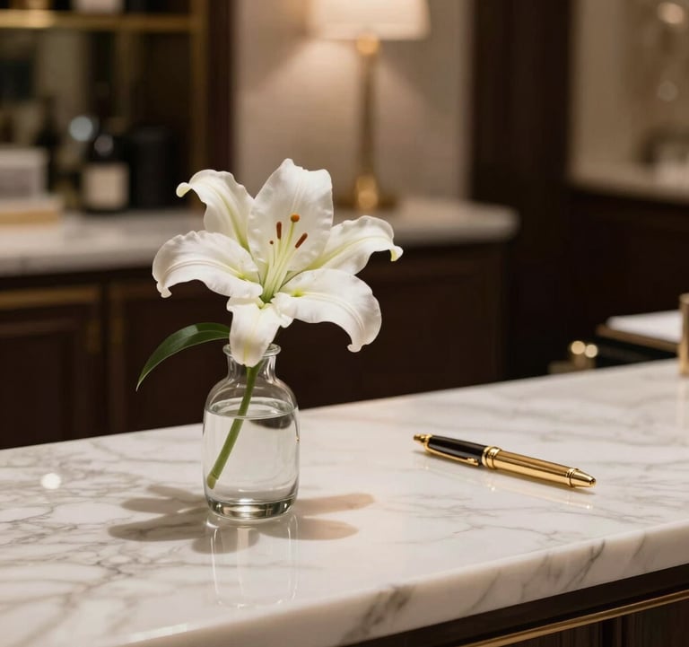 A close-up of a high-end luxury concierge desk in an Italian boutique hotel, featuring a simple vase with a single white lily and a champagne gold pen. Quiet luxury, minimalist composition. European High-Net-Worth setting.