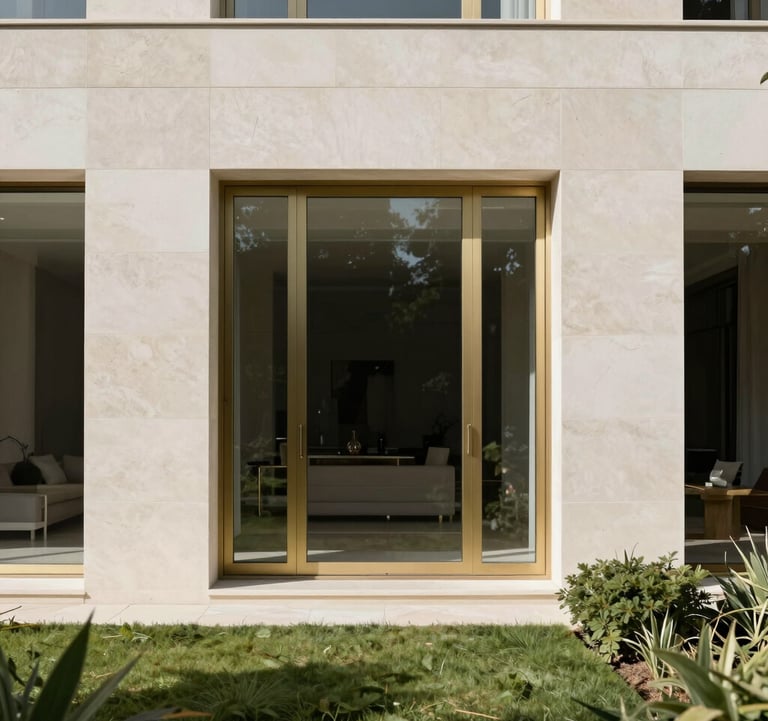 A minimalist architectural detail of a luxury villa in Madrid, featuring clean stone lines, champagne gold window frames, and a manicured Mediterranean garden. High-contrast photography, bright and airy. European High-Net-Worth style.