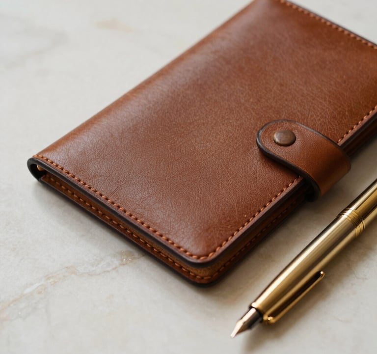 A close-up photograph of a bespoke leather travel folio and a gold fountain pen resting on a cream marble surface. The lighting is soft and natural, emphasizing the rich textures and minimalist luxury aesthetic appropriate for a European high-net-worth individual.