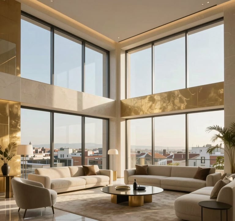 The interior of a modern, minimalist penthouse in Madrid. Large floor-to-ceiling windows, high ceilings, champagne gold accents, and sophisticated furniture. Professional photography with soft, warm afternoon light. European High-Net-Worth lifestyle.