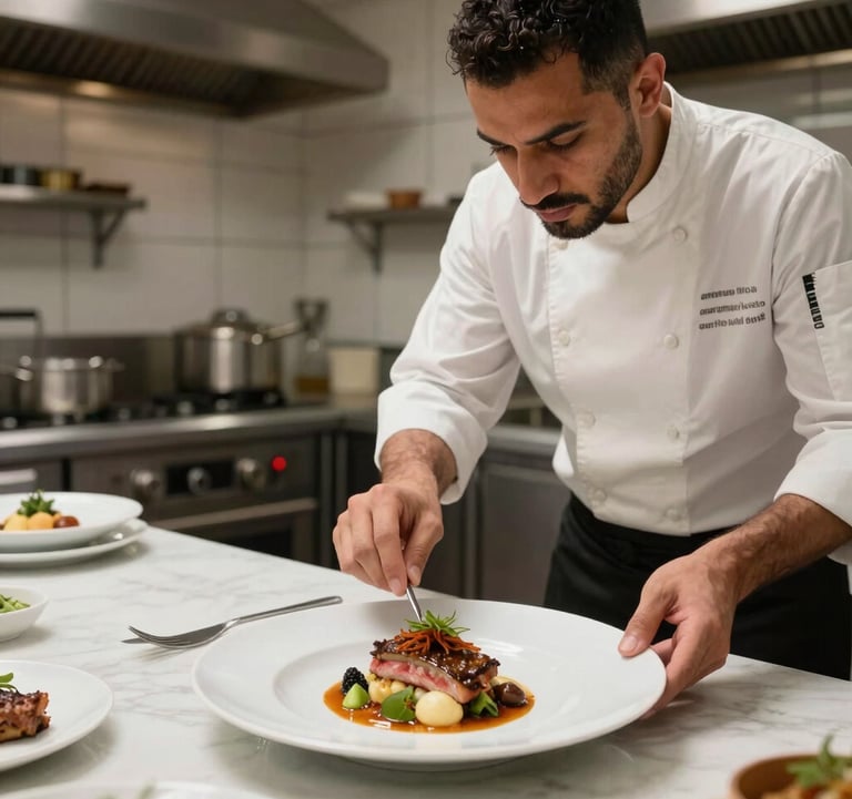 A professional Middle Eastern / Turkish chef plating a modern gourmet dish in a clean, professional restaurant kitchen with cool off-white tiles.