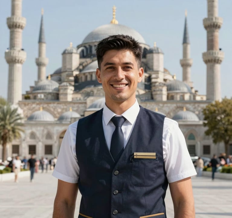 A smiling professional tour guide standing in front of a famous historic landmark in the Middle East / Turkey, wearing a professional uniform.