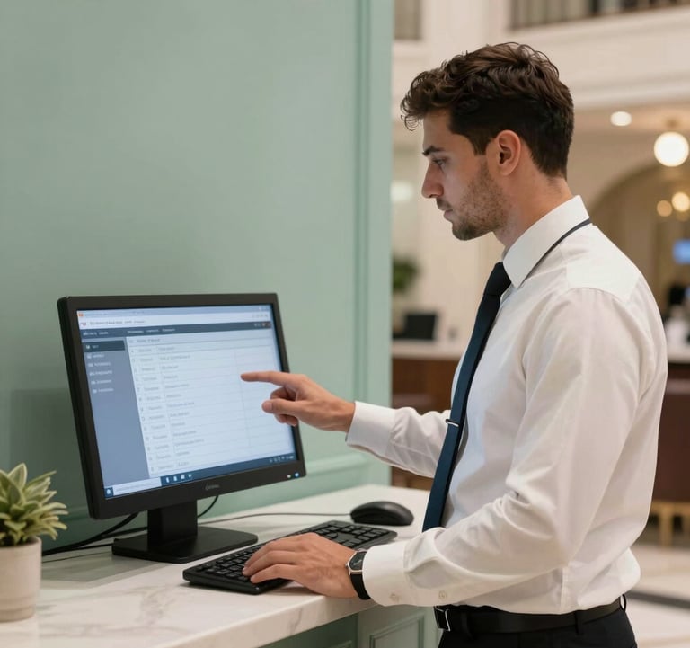 A professional hotel manager checking a digital reservation system in a lobby with soft sage green walls, in a Middle Eastern / Turkish city environment, high-quality photography.