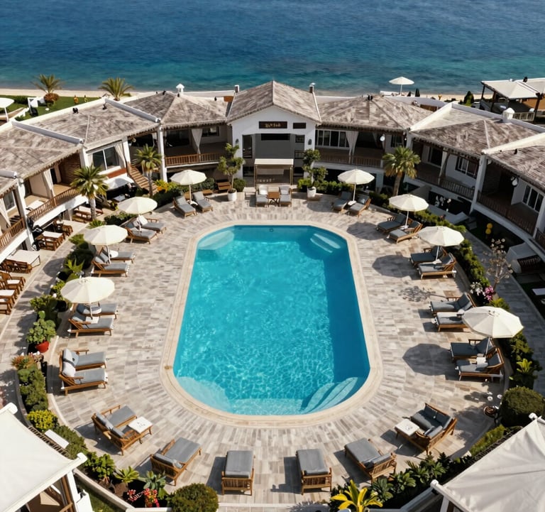 An aerial shot of a beautifully organized Mediterranean resort in a Middle Eastern / Turkish destination, showing blue water and muted teal poolside furniture, clean composition.