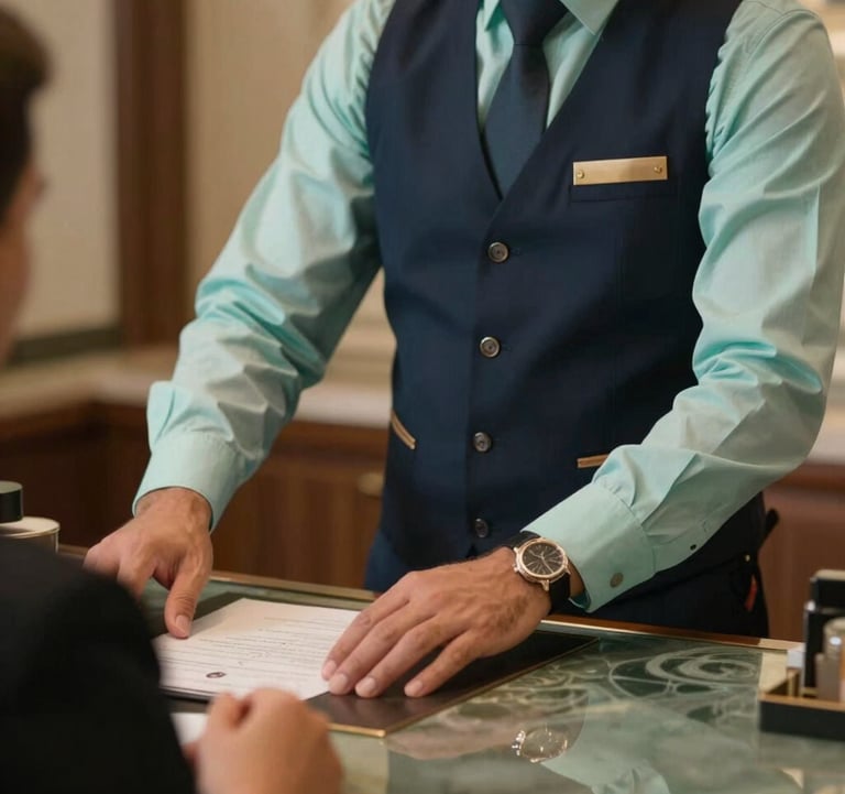 A close-up photograph of a professional concierge desk in a Middle Eastern / Turkish hotel, featuring a person in a sharp uniform assisting guests. Warm lighting with muted sea green and dark slate blue colors.