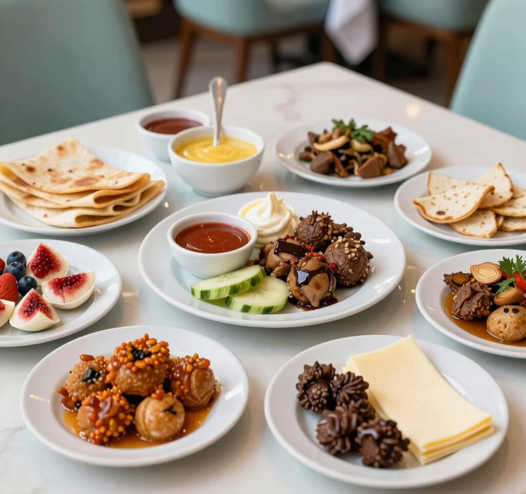 A vibrant photograph of a traditional Middle Eastern / Turkish breakfast spread in a high-end restaurant, emphasizing hospitality and freshness. Colors include soft sage aqua and crisp off-white.