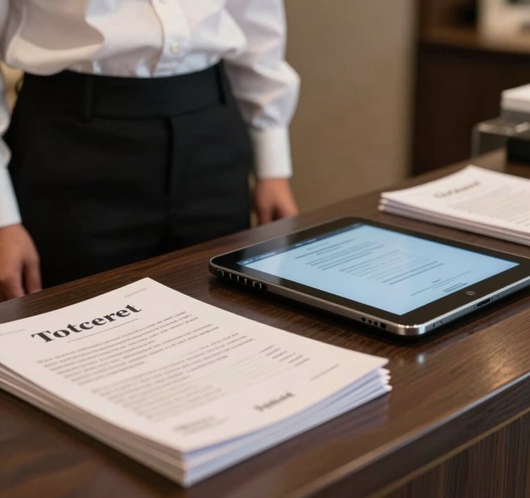 A detail shot of a professional hotel concierge desk with brochures and a guest tablet, representing efficient and modern tourism services.