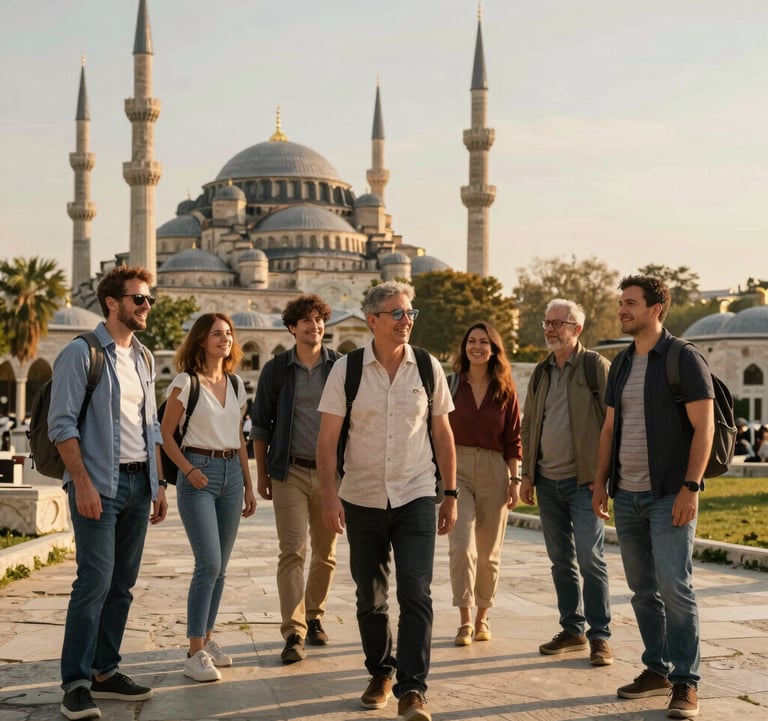 A group of happy travelers enjoying a guided tour through a beautiful historic site in a Middle Eastern / Turkish region, golden hour lighting, professional photography.