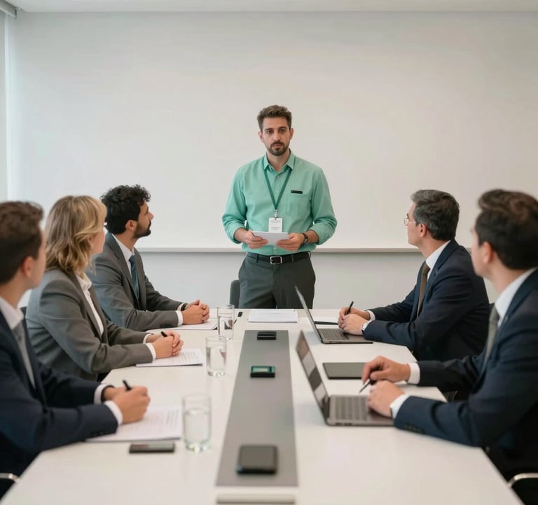 A group of professional tour guides having a meeting in a bright, modern Middle Eastern / Turkish conference room, highlighting teamwork and efficiency. Muted sea green and crisp off-white tones.