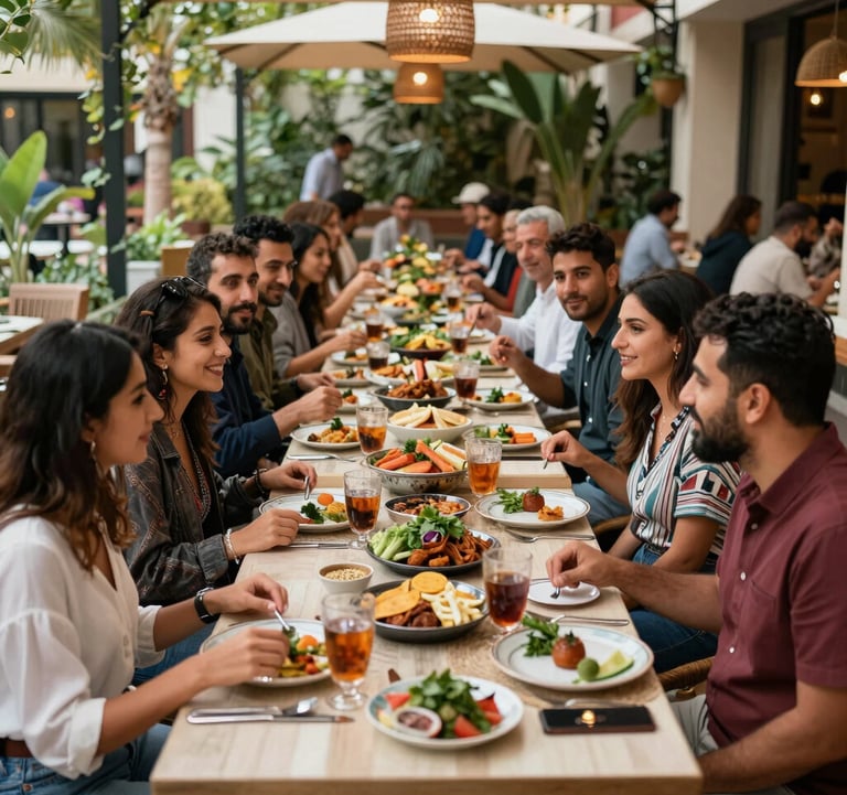 A group of happy guests enjoying a traditional lunch in a modern Middle Eastern / Turkish garden restaurant, vibrant and social atmosphere.