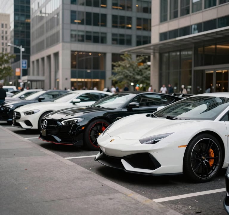 A row of high-end exotic cars including obsidian black and alabaster white models parked outside a high-rise building in a major North American / US city center.